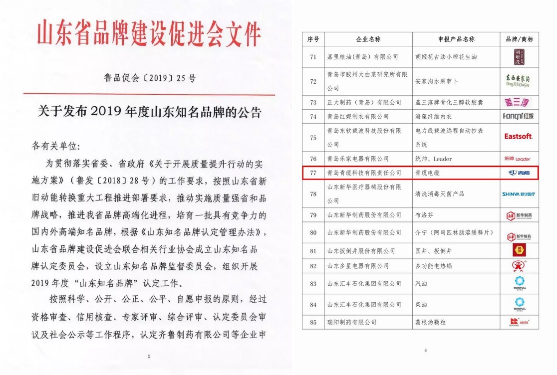 青纜牌電纜被認定為“山東知名品牌”(圖2) 青纜牌電纜被認定為“山東知名品牌”(圖2)